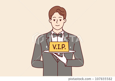 Man restaurant waiter holds vip sign on tray, offering to book table with personalized service Man restaurant waiter holds vip sign on tray, offering to book table with personalized service 107835582