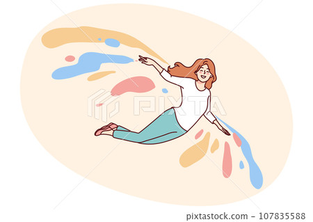 Smiling girl flying on colorful wings Smiling girl flying on colorful wings 107835588