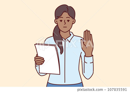Woman makes solemn oath holding documents with text inauguration and showing palm as sign sincerity Woman makes solemn oath holding documents with text inauguration and showing palm as sign sincerity 107835591