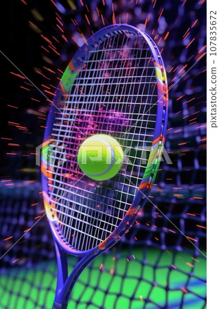 Tennis ball hits the racket net. 107835672