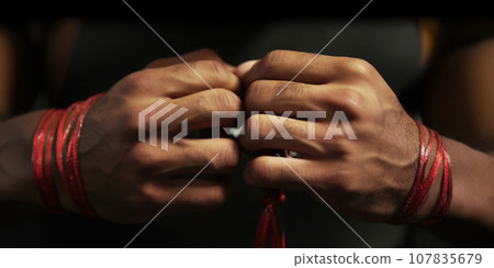 Close-up of hands wrapped around knuckles with red martial arts laces before sparring. Generative Ai. 107835679