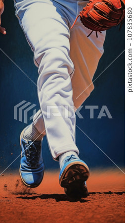 Close-up of pitcher's legs windup just before delivering a fastball. Generative Ai. 107835680