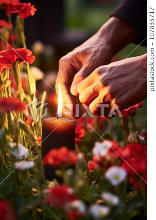 Close-up of hands lighting candle between flowers on graves, representing the act of remembrance. Generative Ai. Close-up of hands lighting candle between flowers on graves, representing the act of remembrance. Generative Ai. 107835717