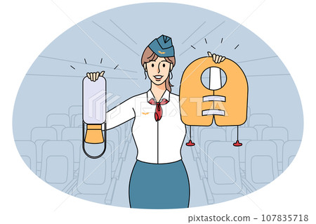 Smiling stewardess showing safety on plane Smiling stewardess showing safety on plane 107835718