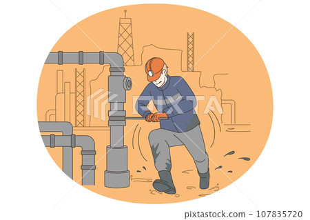 Male worker repair pipe at oil production site 107835720