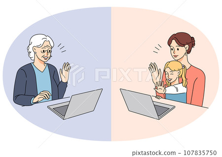 Happy family have webcam conversation on computer 107835750