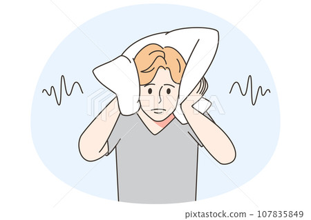 Man cover ears with pillow Man cover ears with pillow 107835849