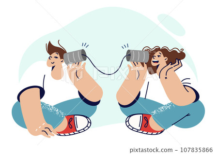 Little children talk using can phone and enjoy opportunity to communicate through homemade gadget Little children talk using can phone and enjoy opportunity to communicate through homemade gadget 107835866