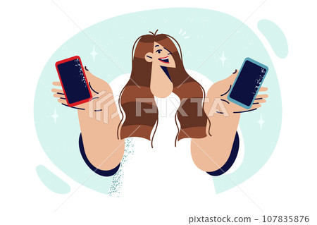 Woman with phones different models smiles, offering to choose brand she likes and buy new smartphone 107835876