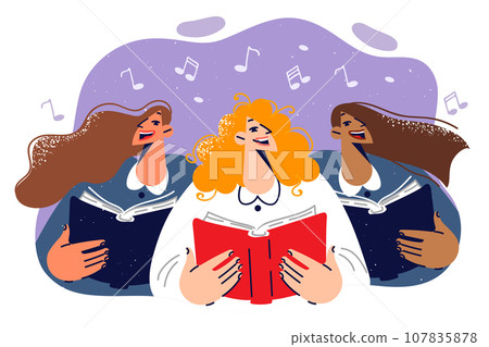 Choir singing women perform popular song together to lift spirits themselves and those around them Choir singing women perform popular song together to lift spirits themselves and those around them 107835878