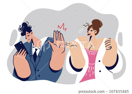 Man ignores woman who shows signs of attention and looks at phone, not wanting to get acquainted Man ignores woman who shows signs of attention and looks at phone, not wanting to get acquainted 107835885