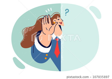 Curious woman eavesdrops on conversations of colleagues, peeking around corner to find out secrets Curious woman eavesdrops on conversations of colleagues, peeking around corner to find out secrets 107835897