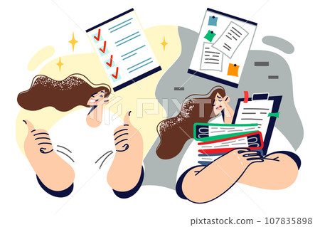 Woman rejoices at having time management skills, standing near sad colleague who breaking deadlines Woman rejoices at having time management skills, standing near sad colleague who breaking deadlines 107835898