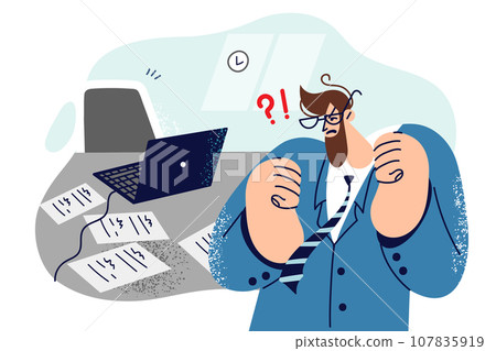 Man boss is angry with subordinate who is absent from workplace, standing in office with empty chair 107835919