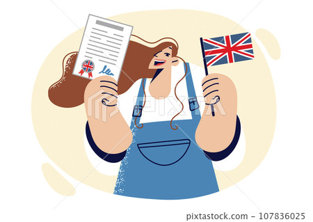 Woman holds uk visa and certificate with united kingdom stamp, entitling to study at cambridge 107836025