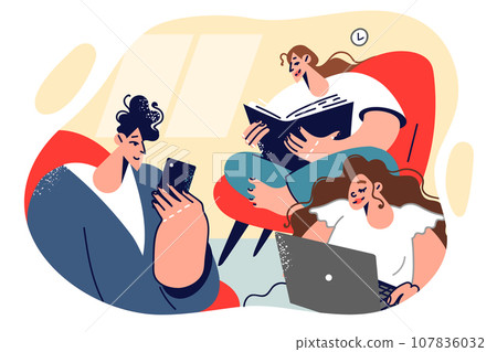 Family reads paper and electronic books, sitting in same room and using laptop or phone Family reads paper and electronic books, sitting in same room and using laptop or phone 107836032