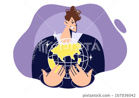 Business man holds globe and smiles slyly, dreaming creating international corporation Business man holds globe and smiles slyly, dreaming creating international corporation 107836042