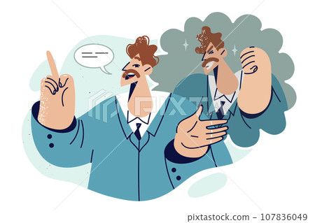 Fraudulent salesman talks with smile about benefits of cooperation and smiles hypocritically 107836049