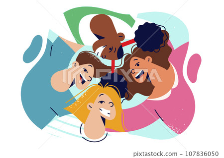 Cheerful children laugh standing in circle, receiving positive emotions from walk together 107836050