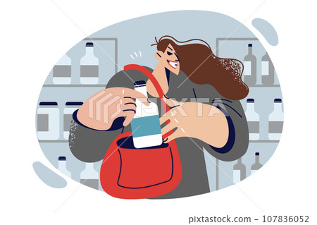 Kleptomaniac sly woman steals from supermarket, putting bottle in bag with grin. Kleptomaniac sly woman steals from supermarket, putting bottle in bag with grin. 107836052
