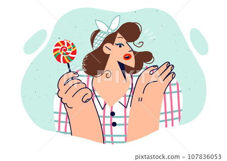 Woman with lollipop dressed in vintage style spreads arms in surprise and looks to side Woman with lollipop dressed in vintage style spreads arms in surprise and looks to side 107836053