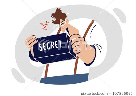 Man looks into box with secret documents, wanting to find out private and confidential information Man looks into box with secret documents, wanting to find out private and confidential information 107836055