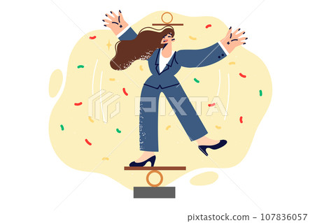 Business woman balances and demonstrates acrobatic circus tricks as metaphor for harmony in career 107836057
