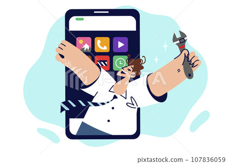 Man who repairs mobile phones holds wrench and offers to go in service center to restore smartphone Man who repairs mobile phones holds wrench and offers to go in service center to restore smartphone 107836059