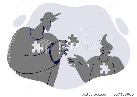 Caring father gives piece of himself in form puzzle to son, for concept of father duty to children Caring father gives piece of himself in form puzzle to son, for concept of father duty to children 107836060