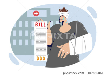Injured man shows bills for treatment standing outside hospital and is sad about lack of insurance 107836061