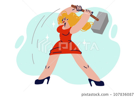 Woman blacksmith in luxurious dress holds giant sledgehammer and swings it to strike 107836087
