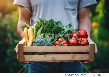 Close-up hands of a male farmer with his harvest of garden vegetables in a wooden box. 107836135