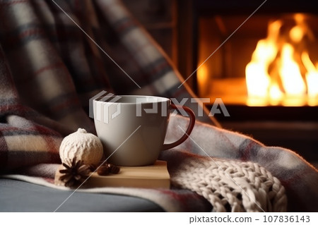 Christmas morning in a cozy chalet with a warming cup of tea in front of the fireplace. 107836143