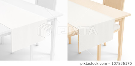 Blank wood table with white runner mockup, side crop view 107836170