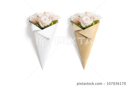 Blank craft and white flowers packaging cone mockup, top view 107836178