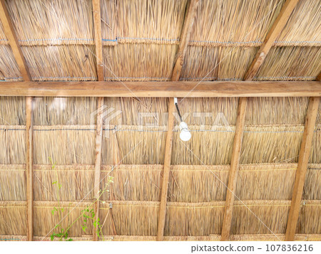 The LED bulb is hanging from the ceiling of the thatch. 107836216