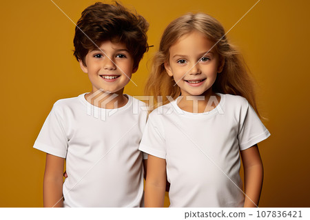 Male and Female Siblings, a Boy and a Girl, Flaunt Bella Canvas White Shirt Mockups Against a Cheerful Yellow Background, Perfect T-Shirt Design Templates. created with Generative AI 107836421