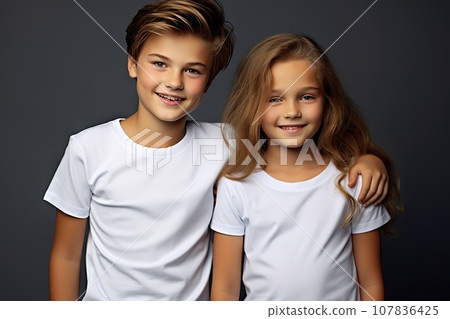 Young Brother and Sister Model Bella Canvas White Shirt Mockups Against a Sophisticated Dark Gray Background, Ideal T-Shirt Design Templates for Kids. created with Generative AI 107836425
