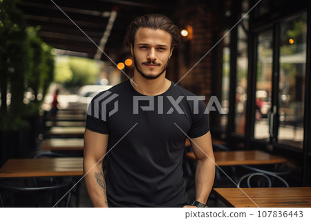 A Young Man Flaunts Bella Canvas Black T-Shirt and Jeans, Relishing Sunshine at a Cozy Restaurant, Showcasing T-Shirt Design Template and Print Presentation Mockup. created with Generative AI 107836443