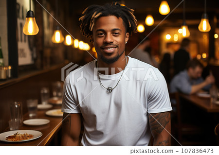 A Young Man Showcases Bella Canvas White T-Shirt and Jeans, Savoring Sunshine at a Charming Restaurant, Featuring a T-Shirt Design Template and Print Presentation Mockup.. created with Generative AI 107836473