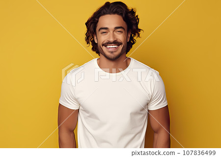 Bella Canvas White Shirt Mockup Stylish Young Man Showcases Design T-Shirt Template Against Vibrant Yellow Background. created with Generative AI 107836499