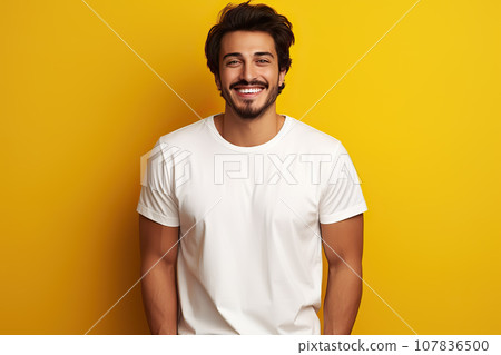 Bella Canvas White Shirt Mockup Stylish Young Man Showcases Design T-Shirt Template Against Vibrant Yellow Background. created with Generative AI 107836500