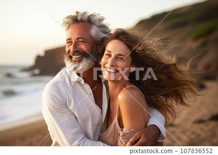 A Joyful Middle-Aged Couple, a Man and Woman, Sharing a Heartfelt Hug on a Sun-Kissed Beach. created with Generative AI 107836552