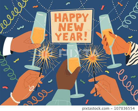 Happy New Year greeting card with human hands holding champagne glasses 107836554