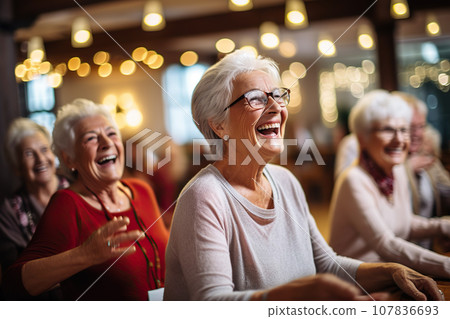 Candid Capture of Joyful Senior Citizens Reveling in Companionship at a Vibrant Social Club. created with Generative AI Candid Capture of Joyful Senior Citizens Reveling in Companionship at a Vibrant Social Club. created with Generative AI 107836693