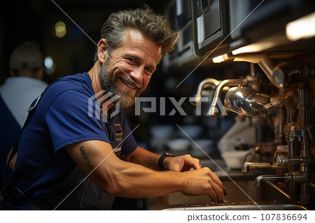 A Proud and Smiling Plumber Ready to Expertly Repair a Faucet in a Kitchen Setting. created with Generative AI 107836694