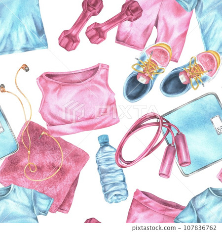 Fitness for women seamless pattern. Watercolor illustration of pink sports wear and equipment. Hand drawn exercise tool on white background. Drawing of dumbbell and skipping rope Fitness for women seamless pattern. Watercolor illustration of pink sports wear and equipment. Hand drawn exercise tool on white background. Drawing of dumbbell and skipping rope 107836762