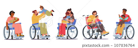 Loving Scenes With Disabled Parents In A Wheelchair, Sharing Tender Moments With Their Little Children, Vector 107836764