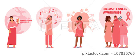 Women Passionately Promote Breast Cancer Awareness. Female Characters Advocating For Early Detection Vector Illustration Women Passionately Promote Breast Cancer Awareness. Female Characters Advocating For Early Detection Vector Illustration 107836766
