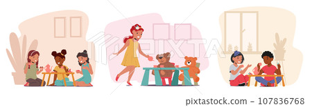 Charming Tea Party For Little Girls. Giggles, Dainty Teacups, And Delightful Dresses. A Magical World Of Make-believe Charming Tea Party For Little Girls. Giggles, Dainty Teacups, And Delightful Dresses. A Magical World Of Make-believe 107836768